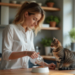 Femme versant de l'eau dans un bol de croquettes pour chat
