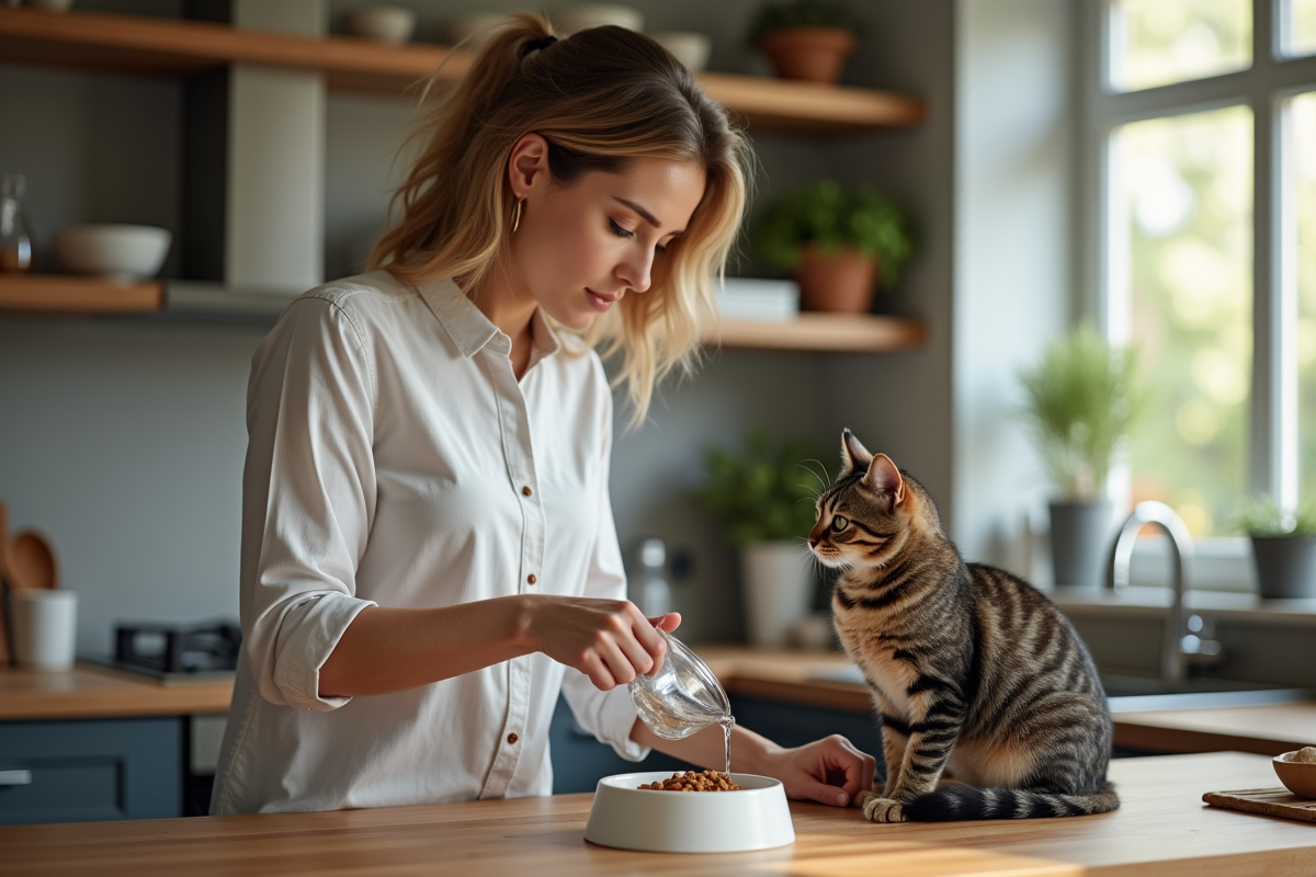 Femme versant de l'eau dans un bol de croquettes pour chat