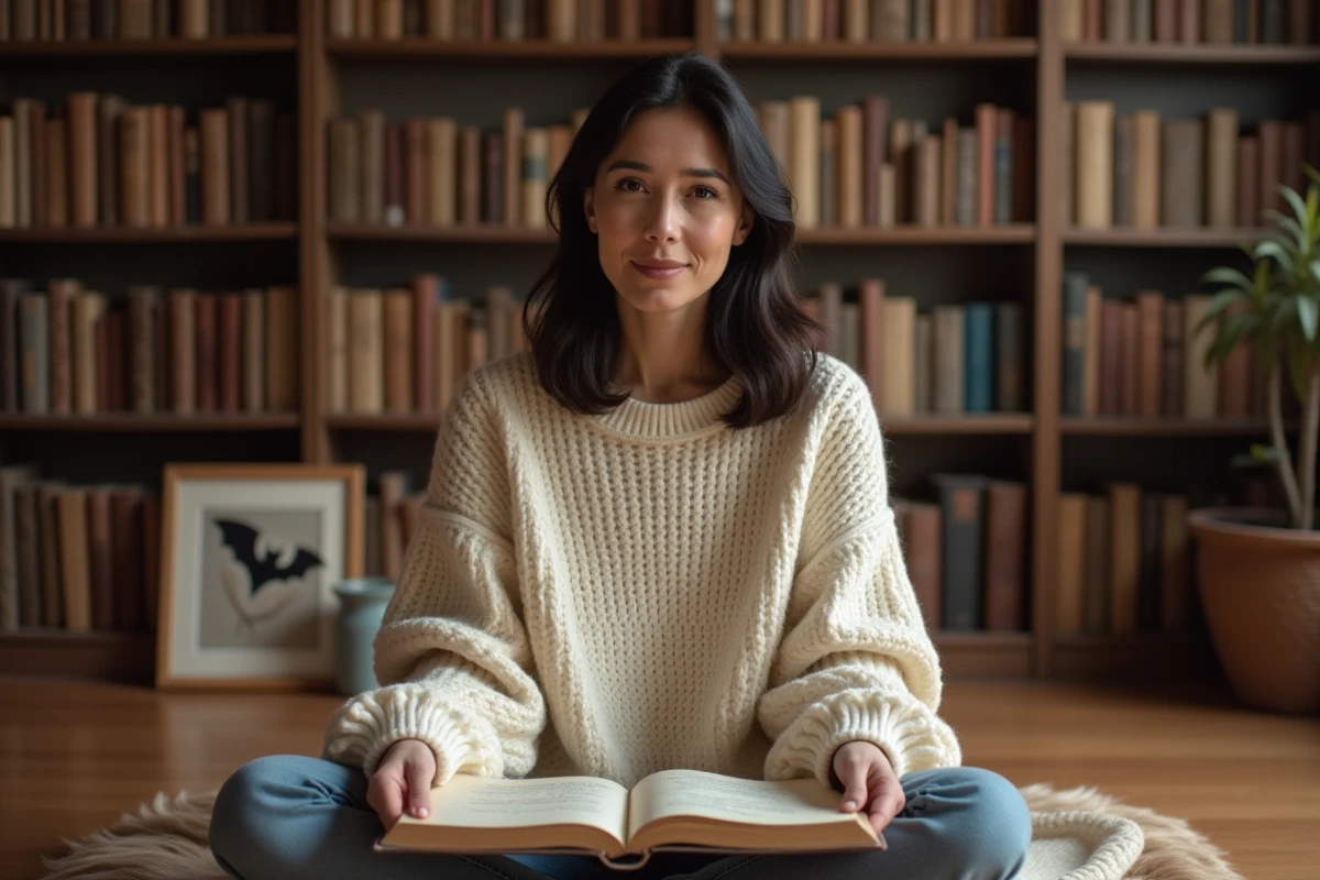 Femme étudiant la signification spirituelle de la chauve-souris dans un journal symbolique à la maison