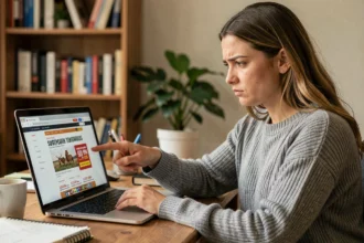 Femme suspicieuse examinant une boutique en ligne douteuse sur son ordinateur portable, potentielle arnaque e-commerce