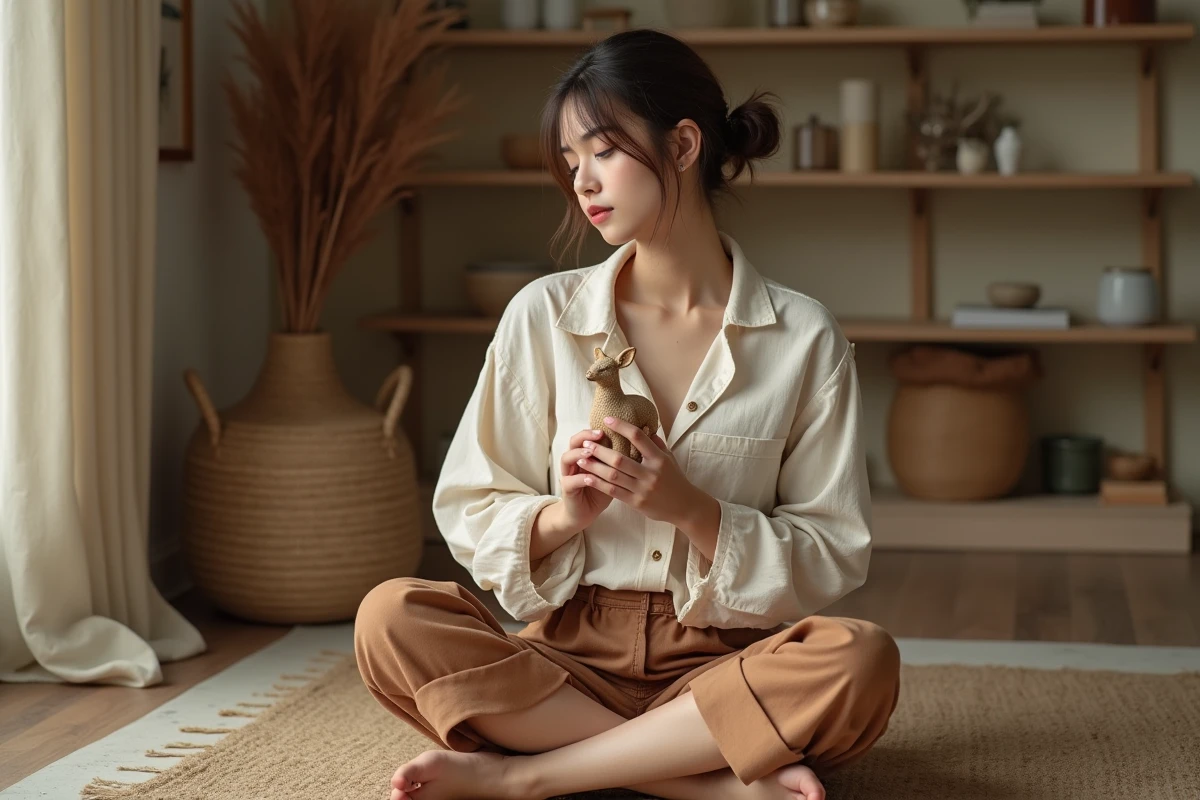 Jeune femme tenant une figurine de cerf en céramique, réfléchissant à la signification spirituelle du cerf en amour dans un intérieur minimaliste chaleureux