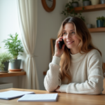 Femme française au téléphone dans sa cuisine lumineuse