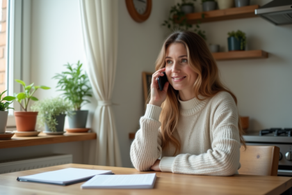 Femme française au téléphone dans sa cuisine lumineuse