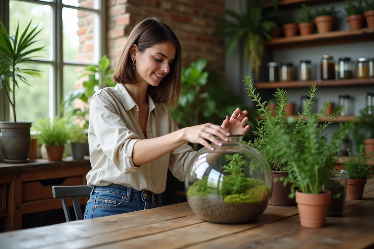 Jeune femme arrangeant un glitterarium dans un atelier parisien