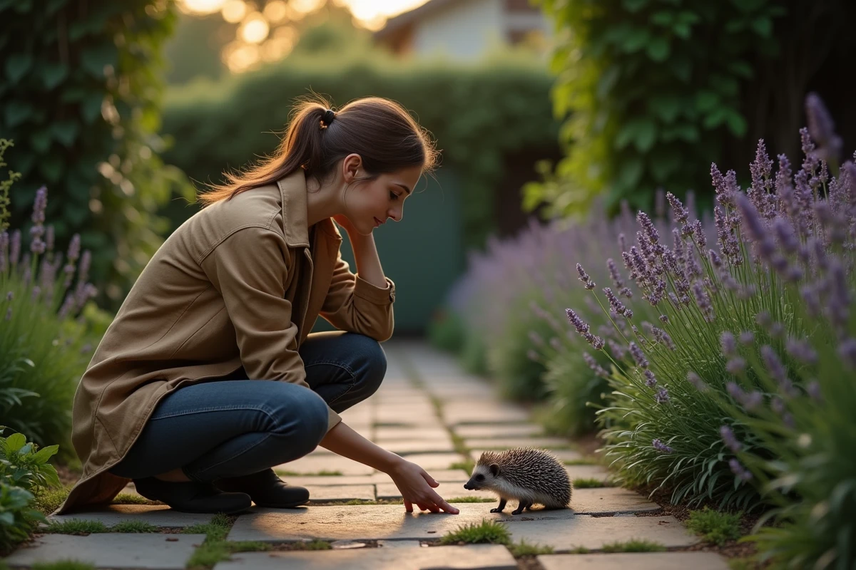 Femme contemplant un hérisson dans un jardin au crépuscule, moment de synchronicité et de connexion spirituelle avec la nature