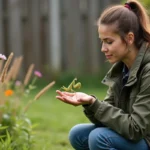 Femme dans un jardin observant une mante religieuse