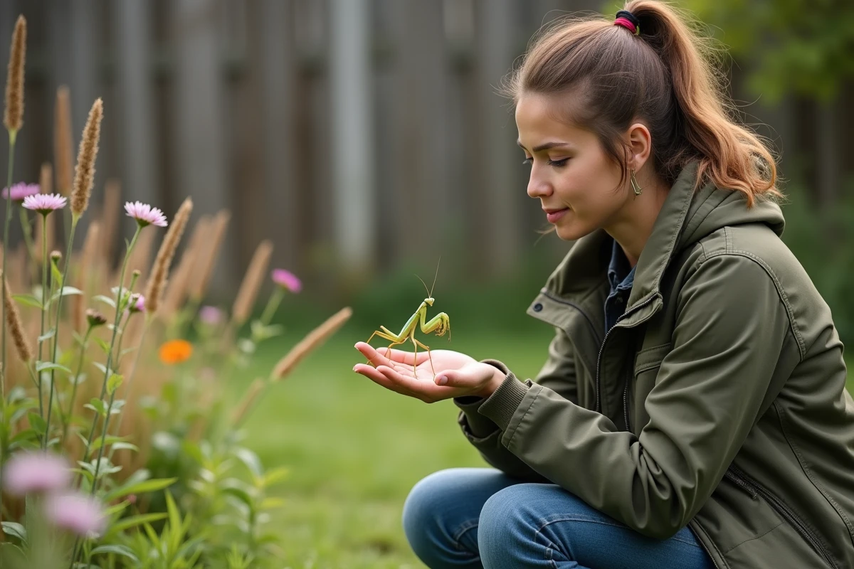 Femme dans un jardin observant une mante religieuse