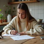Jeune femme concentrée écrivant dans un jeu de mots