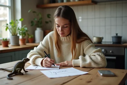 Jeune femme concentrée écrivant dans un jeu de mots