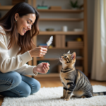 Femme jouant avec un chat dans un salon moderne