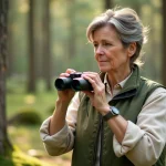 Femme examinant des jumelles d'occasion en forêt pour observer les oiseaux