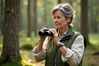 Femme examinant des jumelles d'occasion en forêt pour observer les oiseaux