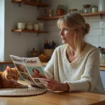 Femme méditative avec magazine animalcenter dans la cuisine