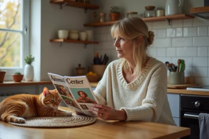 Femme méditative avec magazine animalcenter dans la cuisine