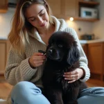 Femme jeune caressant un chiot Newfoundland dans la cuisine