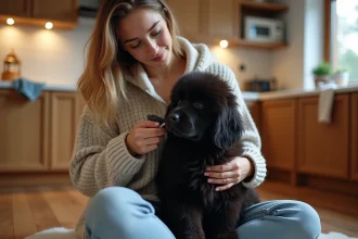 Femme jeune caressant un chiot Newfoundland dans la cuisine
