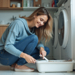 Femme souriante nettoyant la litière dans une buanderie propre