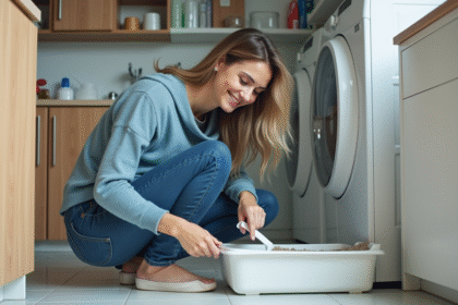 Femme souriante nettoyant la litière dans une buanderie propre