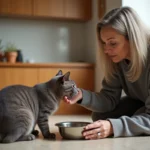 Femme donnant à manger à un chat egyptian mau dans la cuisine