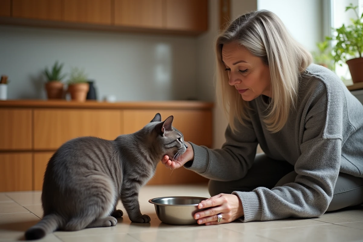 Femme donnant à manger à un chat egyptian mau dans la cuisine