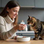 Femme en pull doux offrant nourriture pour chat à un chat tacheté