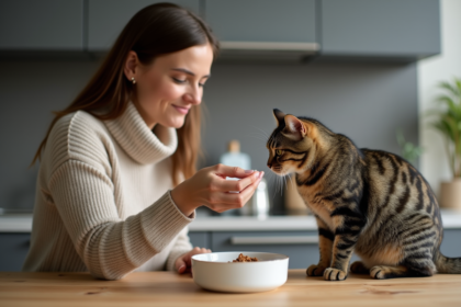 Femme en pull doux offrant nourriture pour chat à un chat tacheté