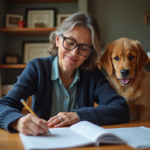 Femme au bureau avec un chiot golden retriever