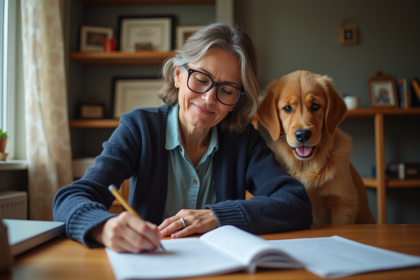 Femme au bureau avec un chiot golden retriever