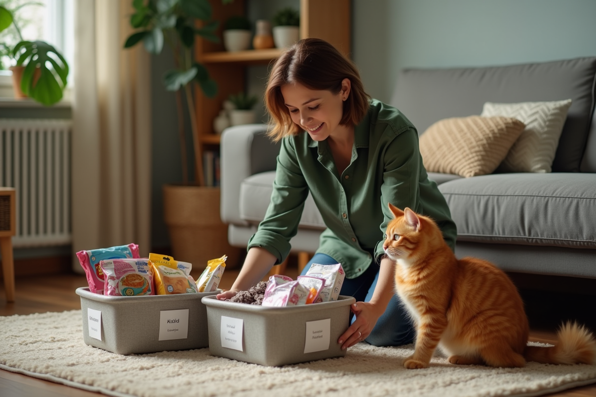 Femme organise fournitures pour animaux avec chat orange