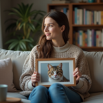Femme assise avec photo de son chat dans le salon