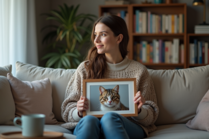 Femme assise avec photo de son chat dans le salon