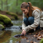 Femme curieuse observe un axolotl dans un étang forestier