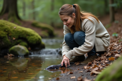 Femme curieuse observe un axolotl dans un étang forestier