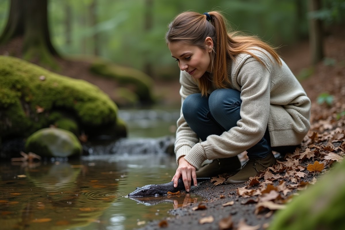 Femme curieuse observe un axolotl dans un étang forestier