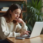 Jeune femme concentrée devant son ordinateur pour un quiz