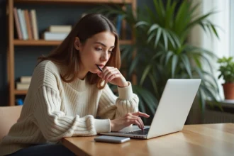 Jeune femme concentrée devant son ordinateur pour un quiz