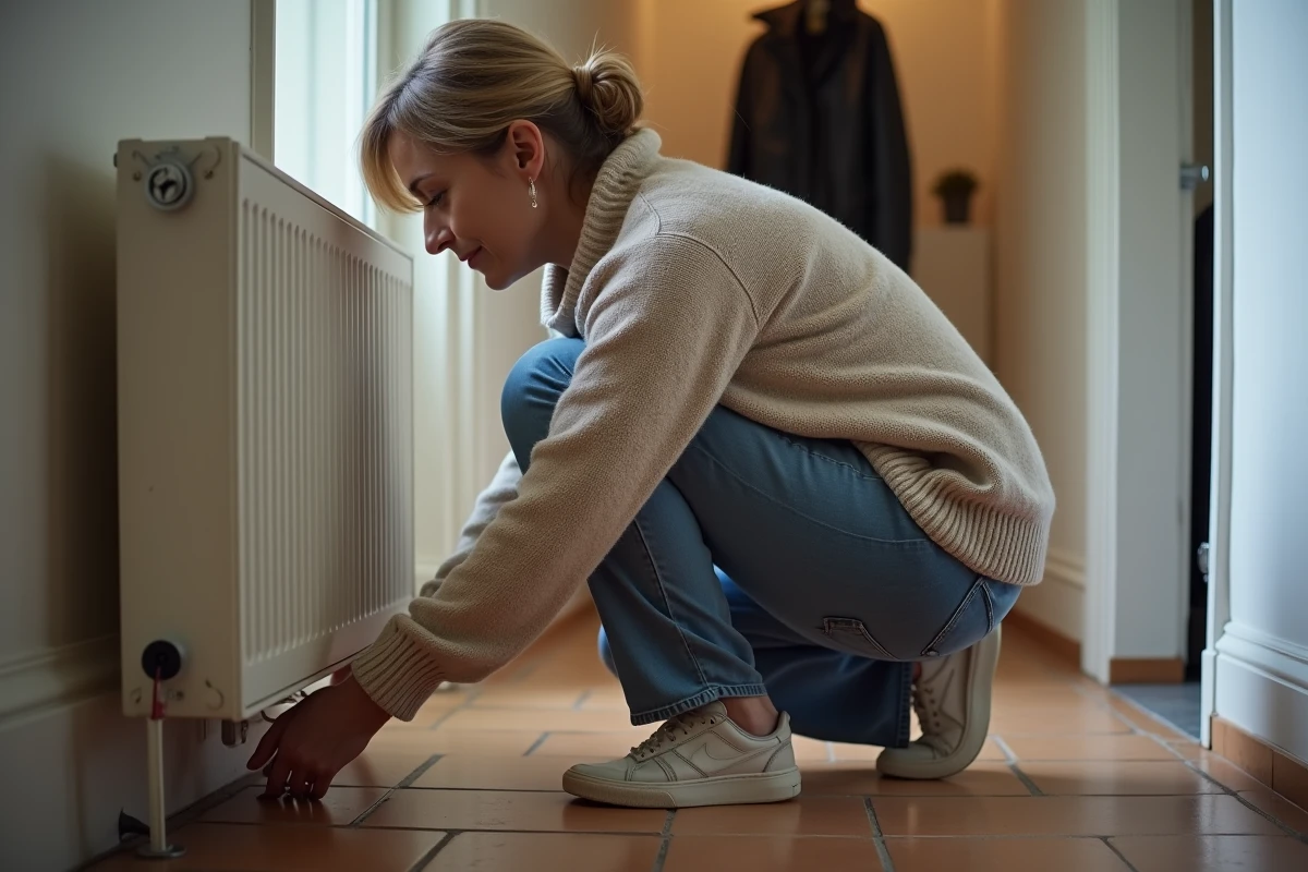 Femme cherchant sous un radiateur dans un hall