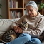 Femme calme avec chat sur ses genoux dans un intérieur chaleureux