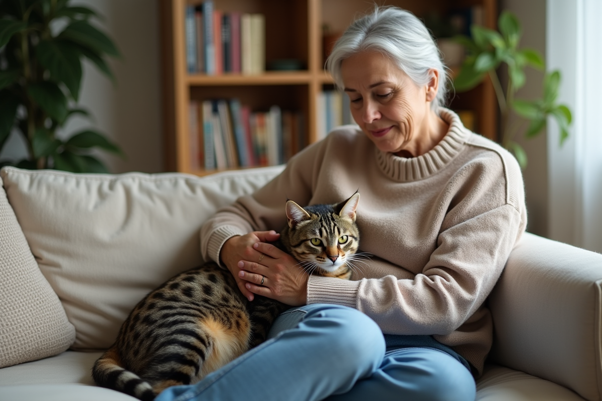 Femme calme avec chat sur ses genoux dans un intérieur chaleureux
