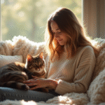Jeune femme relaxant avec un chat sur ses genoux dans un salon lumineux