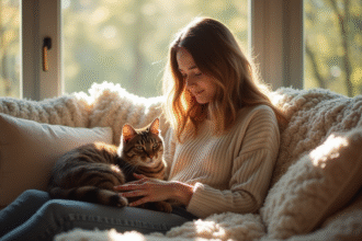 Jeune femme relaxant avec un chat sur ses genoux dans un salon lumineux