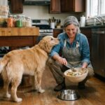 Femme souriante prépare nourriture pour chien dans la cuisine