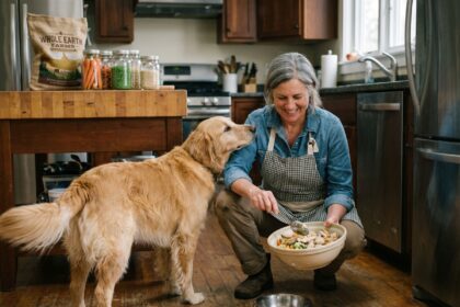 Femme souriante prépare nourriture pour chien dans la cuisine