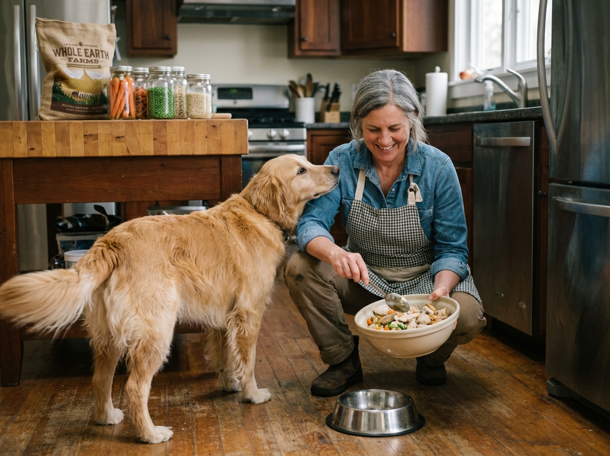 Femme souriante prépare nourriture pour chien dans la cuisine