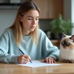 Jeune femme examine un contrat d'elevage de chat Birman