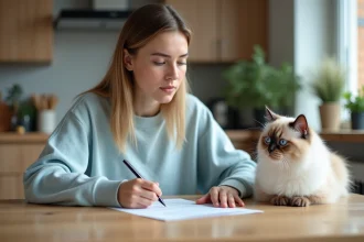 Jeune femme examine un contrat d'elevage de chat Birman