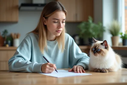 Jeune femme examine un contrat d'elevage de chat Birman