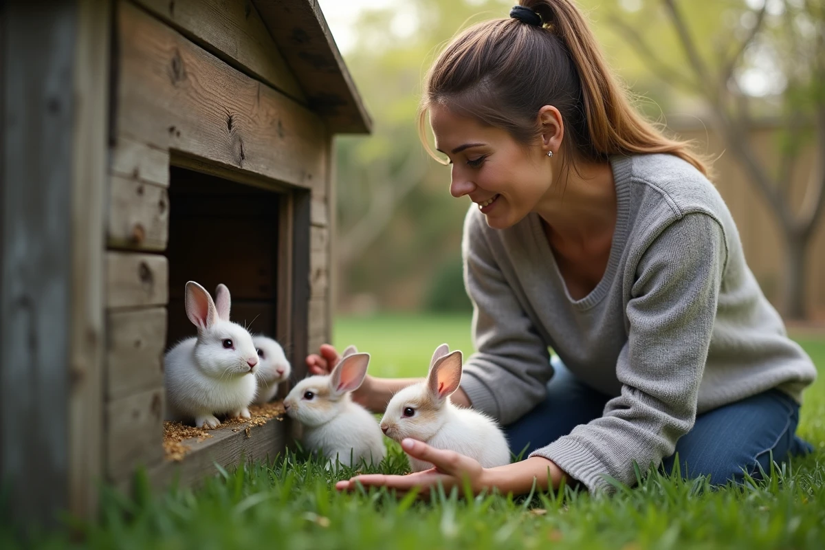 Femme vérifiant la famille de lapins dans le jardin