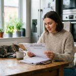 Jeune femme vérifiant documents d'assurance pour animaux