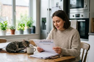 Jeune femme vérifiant documents d'assurance pour animaux